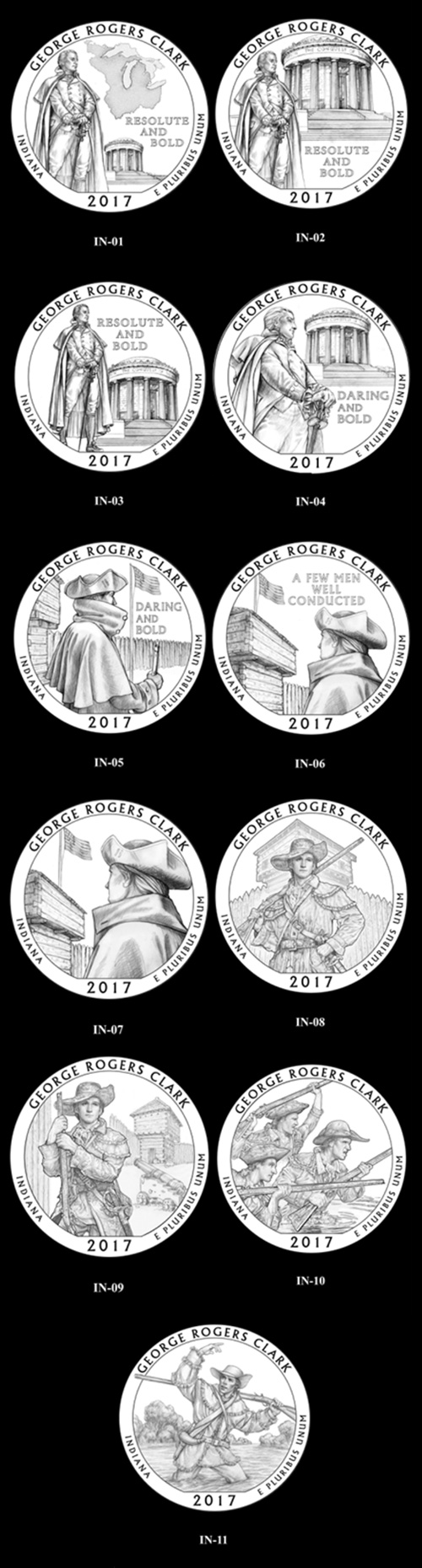 Candidate designs for the new 2017 George Rogers Clark National Historical Park quarter